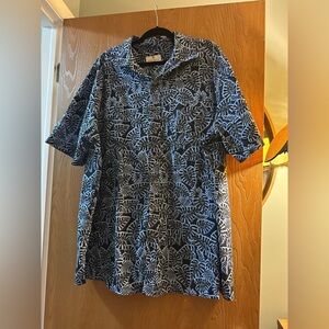 Men's Short-Sleeve Blue Leaf Print Button-Down Shirt